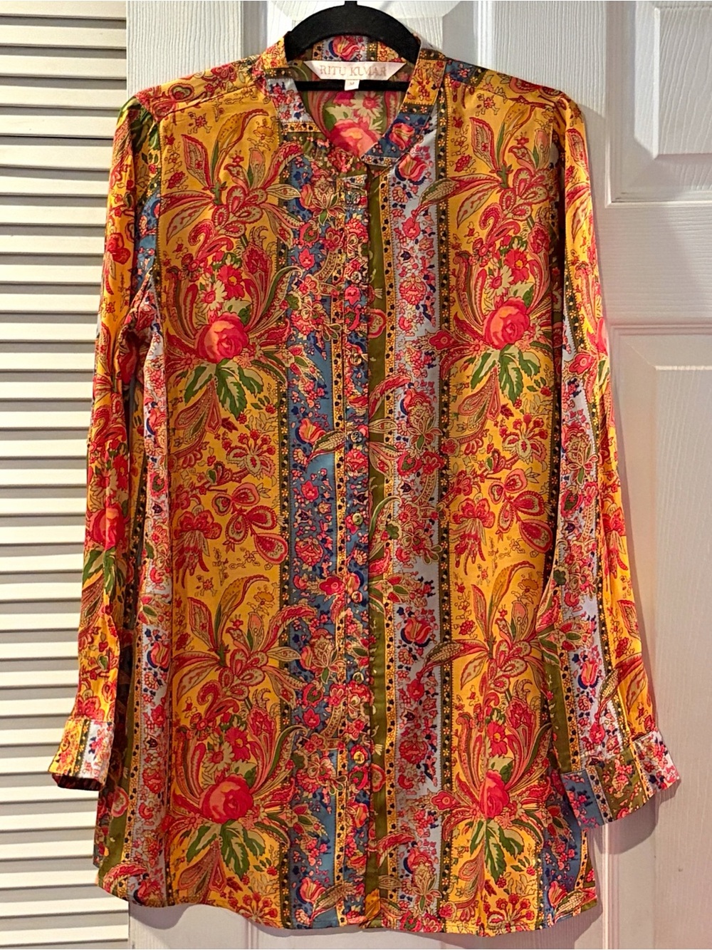 Ritu Kumar Babushka Tunic Shirt Medium M 100% Viscose Printed Mandarin Blouse